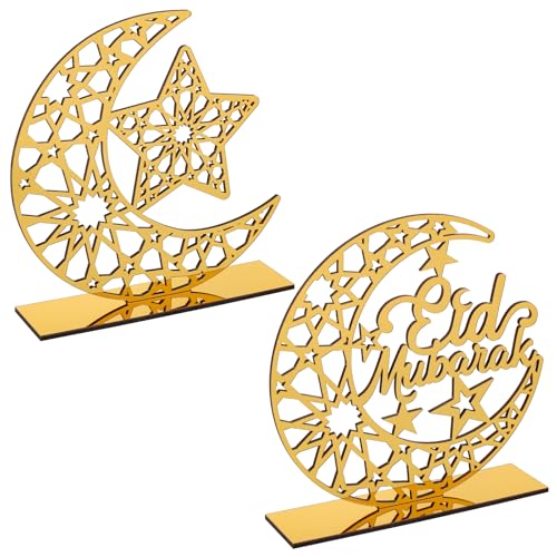 2 Pieces Acrylic Ramadan Decorations Islamic Eid Mubarak Kareem Table Sign Moon Hollow Star Ornament for Muslim Party Tabletop Decor Home Art Craft Decoration Golden Moon - style: Star