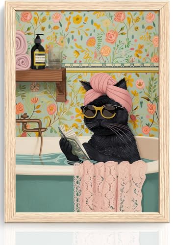 ICHZUMW Framed Funny Black Cat in Bathtub Canvas Bathroom Wall Art 12x16 In - color: Spa Kitty, size: 16"L x 12"W