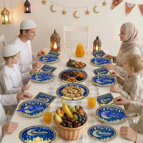 96 Pcs Ramadan Plates and Napkins Forks Sets - Blue Gold Eid Mubarak Themed Round Tableware, Disposable KAREEM Paper Plates Napkins Kit for Ramadan Party Supplies Favors Table Decorations, Serves 24 - style: Ramadan