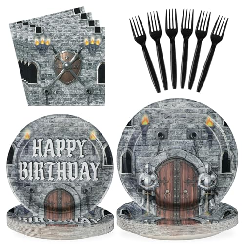 Grencian 96Pcs Medieval Castle Birthday Party Decorations, Serves 24 | Castle Plates and Napkins Disposable Medieval Knight Tableware Set for Kids Birthday Baby Shower Halloween Party Supplies - style: Medieval Castle Theme Birthday
