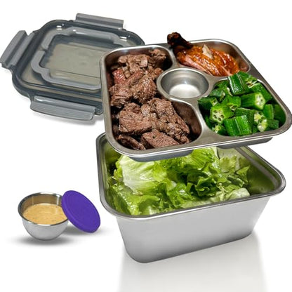 Salad Container for Lunch Stainless Steeel Salad Container 60-oz Salad Bowl with Lid 4-Compartment Bento-Style Tray, 1.5-oz Salad Dressing Container,Dishwasher, Microwave, and Oven Safe (Gray Lid) - color: Gray