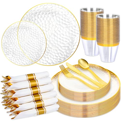 210 Pcs Plastic Dinnerware Set for 30 Guests,Clear Disposable Plates with Gold Rim,Hammered Party Plates Including 30 Dinner&Dessert Plates,Cups,Gold Plastic Silverware for Party,Wedding - color: Clear Gold, size: 30 Guests