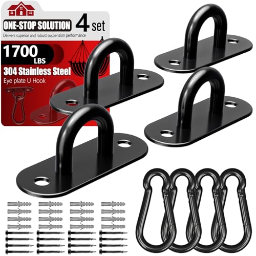 sprookber 304 Stainless Steel Pad Eye Snap Hooks, M10 Heavy Duty Ceiling Hooks, 1700lb Capacity Hammock Swing Hanging kit, Plant Hangers, Marine Hardware Staple Hook Loop with Screws, Set of 8(Black) - size: 4 Inch, style: Black Oval