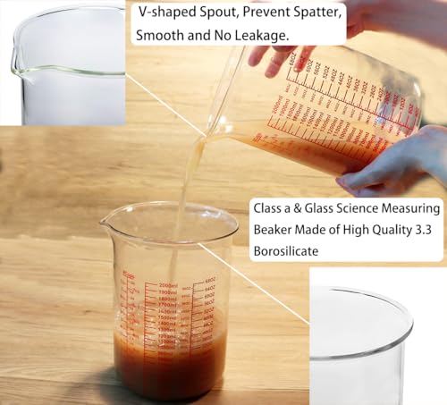 High Borosilicate Glass Measuring Cup-V-Shaped Spout，Glass Measuring Beaker for Kitchen or Restaurant, Easy to Read, 2000 ML (64 Oz, 8Cup) - size: 2000ML(64OZ)