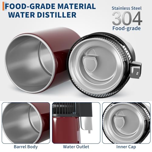 4L Countertop Stainless Steel Distilled Water Purifier, Distilled Water Making Machine with Glass Container, Ideal for Household, Workplace, Lab, and Aquarium Usage-Red - color: Red
