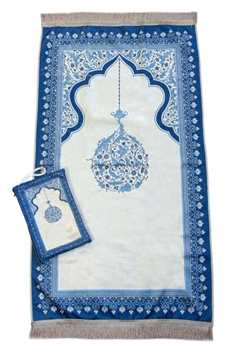 ihvan online Muslim Prayer Rug with Portable Elegant Fabric Bag, Janamaz, Sajadah, Soft Islamic Prayers Rug, Islamic Gifts for Eid Ramadan, Travel Prayer Carpet Mat, Blue - color: Blue