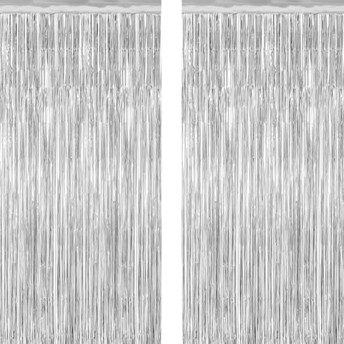 2 Pack Tinsel Backdrop, 3.28 FT x 7.05 FT Birthday Party Decorations, Silver Party Streamer Fringe Curtains Foil Backdrop, Metallic Silver Photo Props Party Supplies Party Decor - color: Silver, size: 2 PCS