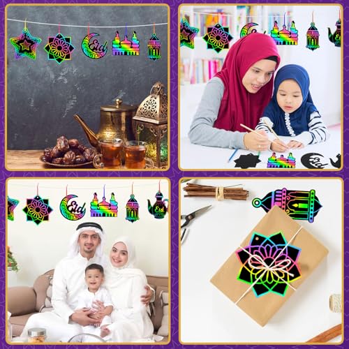 FEBSNOW 48Pcs Ramadan Crafts for Kids Magic Rainbow Scratch Paper Art Set | School Classroom Ramadan Activities, Kids DIY Eid Craft Projects, Magic Hanging Scratch Ornaments, Holiday Party Favors - style: Ramadan