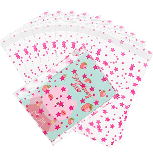 COQOFA 100 Pcs Star Printed Sealable Gift Wrap Cello Cellophane Bags Self sealing Adhensive Treat Bags Party Favor bags (4x6inch, Pink) - color: Pink(Self-sealing), size: 4x6 in