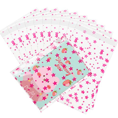 COQOFA 100 Pcs Star Printed Sealable Gift Wrap Cello Cellophane Bags Self sealing Adhensive Treat Bags Party Favor bags (4x6inch, Pink) - color: Pink(Self-sealing), size: 4x6 in