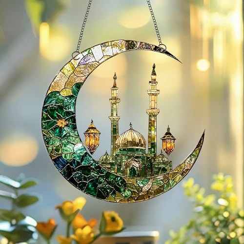 Crescent Moon Mosque Lantern Acrylic Suncatcher with Hanging Chain, Islamic Style Window Decor for Home, Patio, Garden,Ideal Present for Ramadan, Eid, Housewarming/YX-43