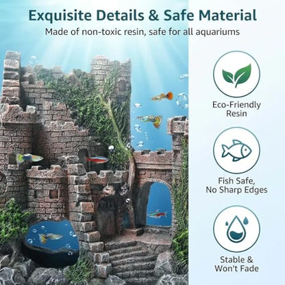 Aquarium Resin Castle Decoration, Air Bubbler Stone Cave Hideout House for Betta Fish, Shrimp & Turtles, Fish Tank Ornament Accessories for Breeding, Playing & Resting ，Decorative Bubbling Castle