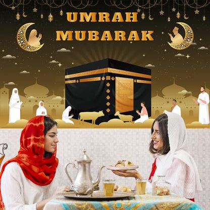 Umrah Mubarak Banner, 71×43 Inch Large Photo Booth Ramadan Mubarak Banner, Hajj Kaaba Background Ramadan Decorations for Home lslamic Muslim Eid Al-Fitr Party Favors - size: 71×43 Inch