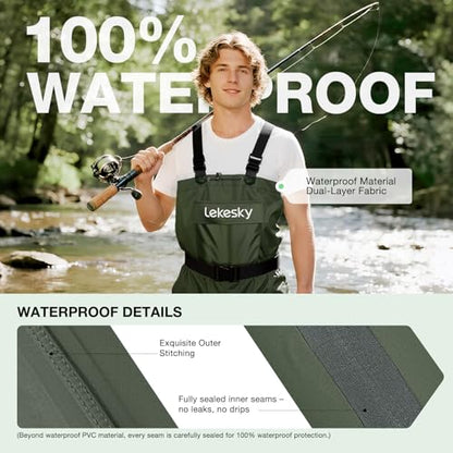 Lekesky Fly Fishing Chest Waders with Boots for Men Women, US Sizes 5–14,2-Ply Nylon/Pvc Waterproof Waders - color: Green, size: M8/W10