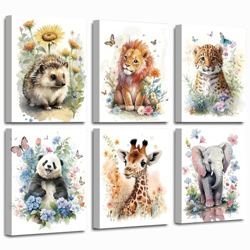 Watercolour Animal Wall Art Canvas Prints Nursery Wall Decor,Lion Elephant Giraffe Framed Art Posters Kids Bedroom Barthroom Aesthetics Decorations Set of 6 (8"*10"). - color: Animal Wall Art Canvas Nursery Wall Décor--Framed