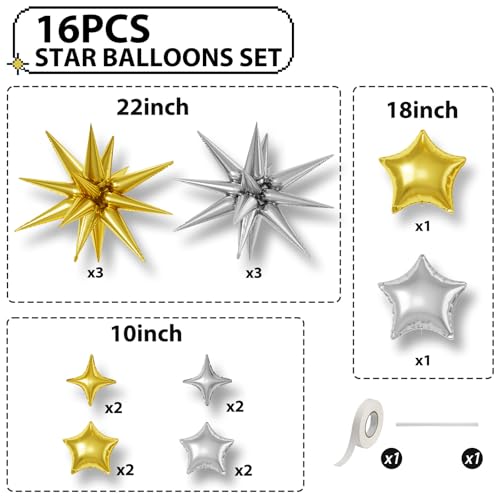 Gold Silver Star Balloons,16Pcs 22/18/10 Inch Foil Birthday Wedding Decor - color: Gold Silver