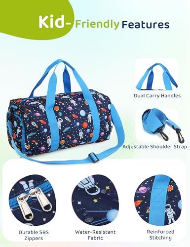 Kids Duffle Bag for Boys,RAVUO Water Resistant Travel Bag Overnight Bag Weekender Carry On Bag for Gym Sport with Shoe Compartment and Wet Pocket Space - color: Astronaut