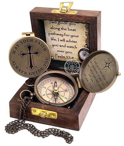 May Your Faith Always Guide You Pslam 32:8 Engraved Compass, Pocket Gift for Hiking, Religious Brass Compass with Wooden Box, Navigational Outdoor Compass Great Gift Item for Your Loved Ones