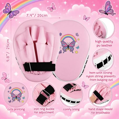 Boxing Gloves and Punching Mitts Set 4oz Gloves Boxing Pads Kids Youth Sparring Gear Training Equipment for Taekwondo Kick Karate Muay Thai MMA Martial Art - style: Pink Butterfly