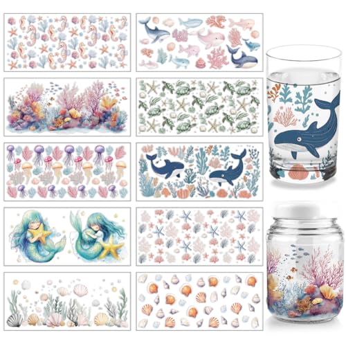 arricraft 10 Pcs Colorful Ocean Animals Theme Cup Printing UV Transfer Papers, 10 Styles Seahorses Seaweed Jellyfish Dolphins Turtles UV DTF Cup Wrap Stickers for 16 OZ Glass Cups Crafts 9.5x4.3inch - style: Colorful Ocean Animals Theme