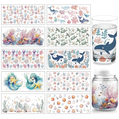 arricraft 10 Pcs Colorful Ocean Animals Theme Cup Printing UV Transfer Papers, 10 Styles Seahorses Seaweed Jellyfish Dolphins Turtles UV DTF Cup Wrap Stickers for 16 OZ Glass Cups Crafts 9.5x4.3inch - style: Colorful Ocean Animals Theme