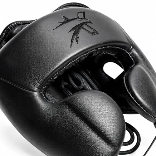 Premium Cowhide Leather Boxing Headgear Open Face with Cheek Protection, Grain Cowhide Leather, Shock Absorbing Padding, Adjustable Sparring Helmet for MMA Muay Thai Kickboxing - size: Large-X-Large