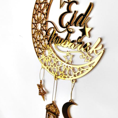 FUNCATCHER Ramadan Decorations for Home - 8.5x8.5 Inch Golden Acrylic Crescent Moon Hanging Ornaments, Islamic Eid Wall Door Decor (1, B)