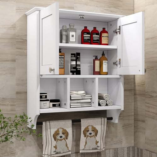 Bathroom Medicine Cabinet, Bathroom Cabinet Wall Mounted Over-The-Toilet with Towel Bar, 2 Doors & 3 Open Shelves, White - color: White