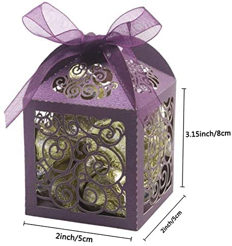 KPOSIYA 70 Pack Wedding Favor Boxes Laser Cut Boxes Party Favor Box Small Gift Boxes Lace Candy Boxes for Wedding Bridal Shower Baby Shower Birthday Party Anniverary with Ribbons (Purple, 70) - color: Purple 70