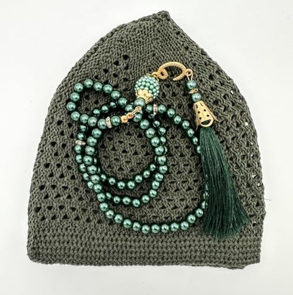 ESERRA Kufi Hats for Men and Women with 99 Tasbih Prayer Beads, Muslim Thick Breathable Skull Cap, Tasbeeh, Prayer Cap - color: Green
