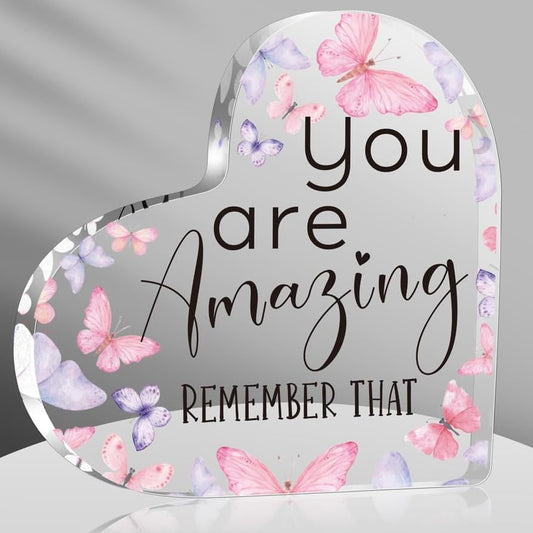 You are Amazing Pink Butterfly Inspirational Decorations Gifts for Women, Best Birthday Cheer Up Acrylic Heart Shape Keepsake Gifts for Coworker Friends - color: Blue3