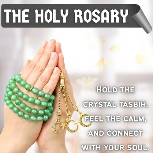 Amazing Gemstone Crystal Tasbeeh with Moon and Star Charm - Certified Crystal Muslim Prayer Beads Natural Gemstone Tasbih Gift for Ramadan Dhikr and Daily Namaz (G) - color: Green Aventurine