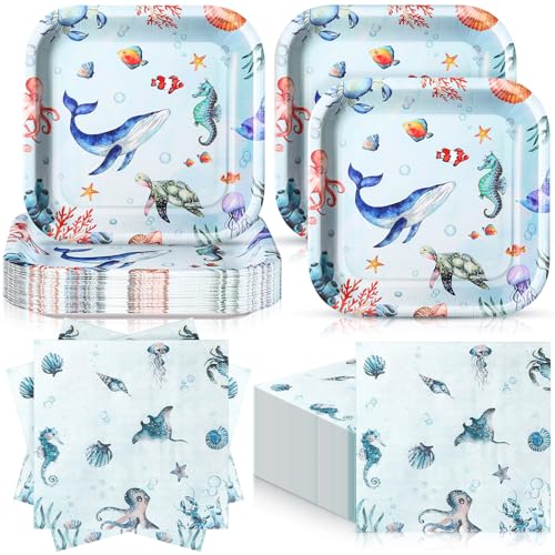 Zhehao 72 Pcs Under The Sea Plates and Napkins Set Serve 36, 7" Under The Sea Birthday Party Decorations for Fish Turtle Birthday Party Baby Shower - style: Sea Animal