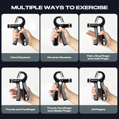 Grip Strength Trainer - Adjustable Resistance 11-132lbs/5-60kg Hand Gripper & Forearm Strengthener Device with Smart Counter for Sports & Rehab - color: black grey