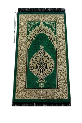 ihvan online Muslim Prayer Rug with 99 Beads Tasbih, Soft Chenille Sajadah, Lightweight & Foldable Janamaz, Portable Travel Prayer Mat, Islamic Gift for Eid, Ramadan, Hajj & Umrah, Green - color: Green