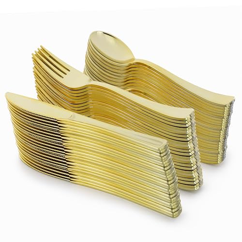 Elama 150 Piece Disposable Plastic Dinnerware Party Set for 25 Guests in White with Gold Trim - color: Gold
