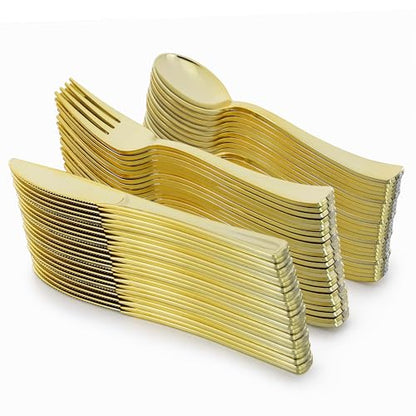 Elama 150 Piece Disposable Plastic Dinnerware Party Set for 25 Guests in White with Gold Trim - color: Gold