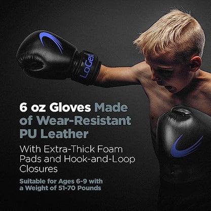 LoGest Punching Bag for Kids Boxing Set - Suitable for Kids Punching Bags 3-8 Years of Age - Boxing Gloves & Hand Wraps Included - Youth Children Boxing MMA Kickboxing Muay Thai Karate Punching Bag - size: 6 Ounces Glove