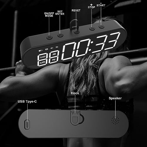 Portable Gym Timer, USB Rechargeable Magnet Workout Clock Large Dispaly Interval Timer Stopwatch with Buzzer, HIIT Tabata Boxing Timer for Home Exercise