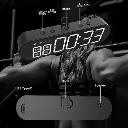 Portable Gym Timer, USB Rechargeable Magnet Workout Clock Large Dispaly Interval Timer Stopwatch with Buzzer, HIIT Tabata Boxing Timer for Home Exercise