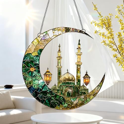 Crescent Moon Mosque Lantern Acrylic Suncatcher with Hanging Chain, Islamic Style Window Decor for Home, Patio, Garden,Ideal Present for Ramadan, Eid, Housewarming/YX-43