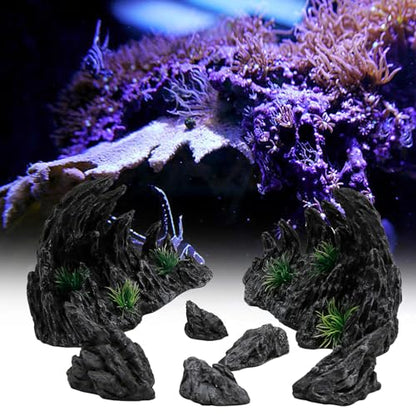 Large “Soul Valley” 7pcs Resin Aquarium Decorations Set | Imitation Stone Ornaments for 12-20 inch aquariums, natural rock style for fresh or saltwaterl aquascaping