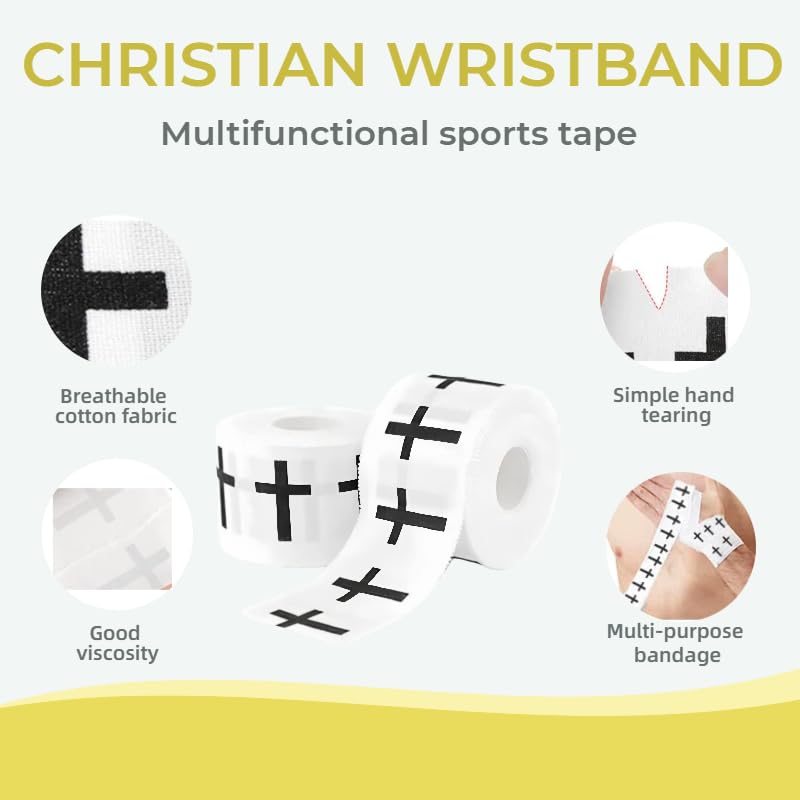Christian Athletic Sports Tape with Cross Design - 4-Pack Breathable Cotton Wrist Wrap, 2in x 23ft for Soccer, Baseball, Boxing & Gym Training, Inspirational Faith-Based Fitness Accessory