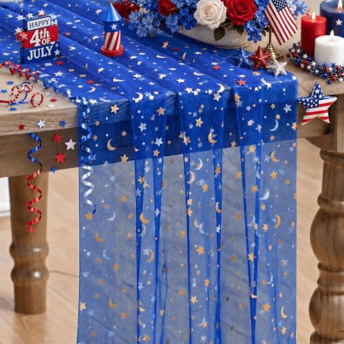 Artoid Mode Dark Blue Gauze Stars Moon Table Runner 10FT, Glitter Metallic Foil Sheer Dining Wedding Anniversary Holiday Birthday Table Decor for Home Party - color: Dark Blue