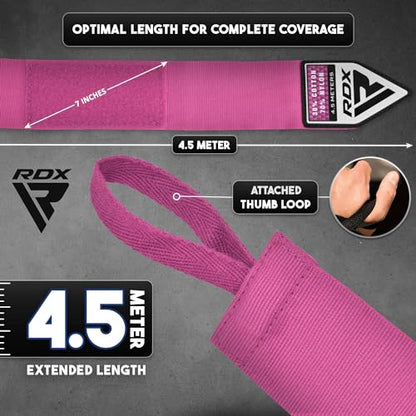 RDX Boxing Hand Wraps 4.5M / 180 Inches – Mexican Style Semi-Elastic MMA Inner Gloves - Wrist Support for Muay Thai, Kickboxing, BJJ, Karate - Thumb Loop & Hook and Loop Closure - Cotton & Nylon Blend - color: Pink