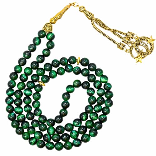 Amazing Gemstone Crystal Tasbeeh with Moon and Star Charm - Certified Crystal Muslim Prayer Beads Natural Gemstone Tasbih Gift for Ramadan Dhikr and Daily Namaz (G) - color: Green Tiger Eye