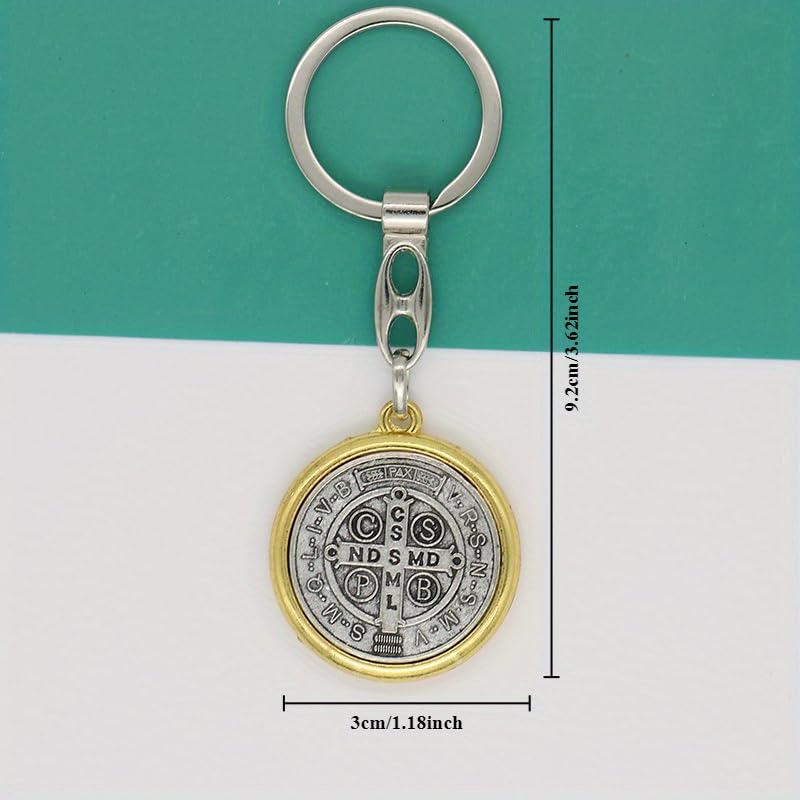 2pcs SaintBenedict Medallion Keychain Catholic SanBenito Pendant KeyRing Jesus Religious MetalJewelry Accessories for BagGift - color: Golden Silver