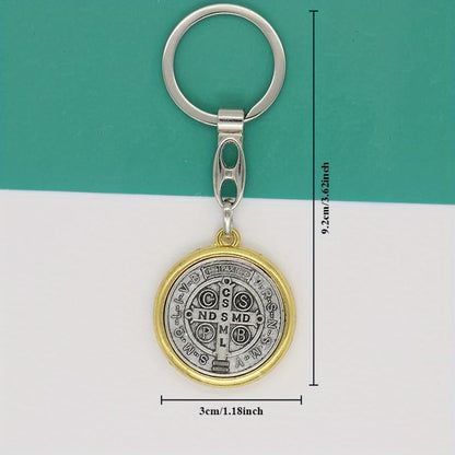 2pcs SaintBenedict Medallion Keychain Catholic SanBenito Pendant KeyRing Jesus Religious MetalJewelry Accessories for BagGift - color: Golden Silver