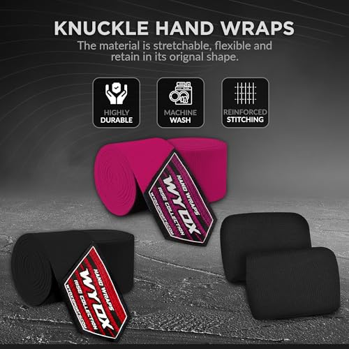 WYOX Boxing Hand Wraps & Gel Knuckle Guards Set for MMA, Muay Thai & Kickboxing - 2 Pair Hand Wraps + 1 Pair Knuckle Guards - Hand Wrist Protection for Men & Women Training - color: Pink/Black