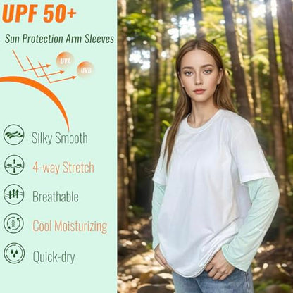 UPF 50+ Sun Protection Arm Sleeves Elastic band Adjustable Cuff Loose Fit Non-Sticky Airflow Friendly Outdoor - color: Green, size: Large